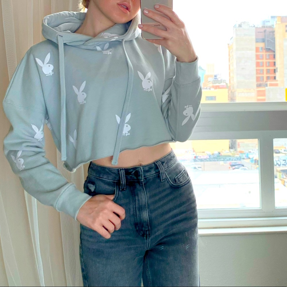 Playboy Logo Print Cropped Gray Hoodie Sweater